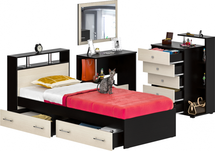 Камелия спальня № 14 Кровать с ящиками 900 + Стол косметический + Зеркало + Комод, цвет венге/дуб лоредо, сп.м. 900х2000 мм., б/м, основание есть