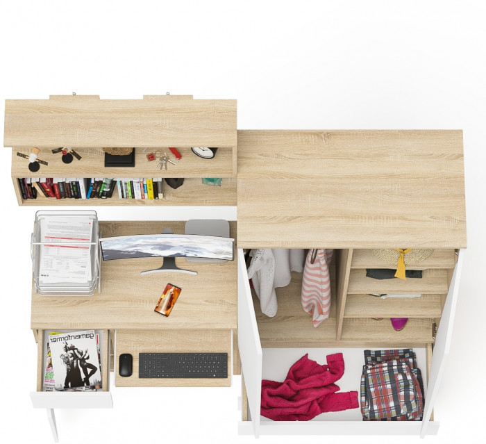 Мори Стол компьютерный МС-1 левый + Шкаф МШ900.1 + Полка 900, цвет дуб сонома/белый, ШхГхВ 180,4х50,4х209,6 см., НЕ универсальная сборка