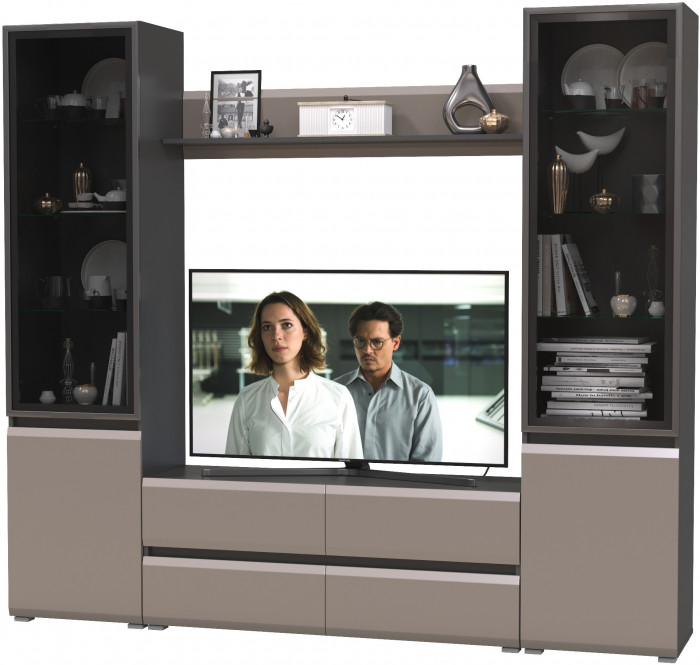 Сидней Комплектация № 049, цвет корпус: антрацит/фасады: МДФ веллюто капучино, ШхГхВ 229,9х41,3х205,2 см., ниша для ТВ 129х41х98 см., универс. сборка