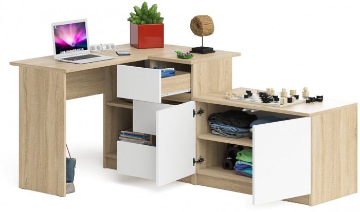 Мори Стол компьютерный МС-16 правый + Тумба МА900.1, цвет дуб сонома/белый, ШхГхВ 214,8х84,9х76,6 см., выдвижные ящики справа, НЕ универс. сборка