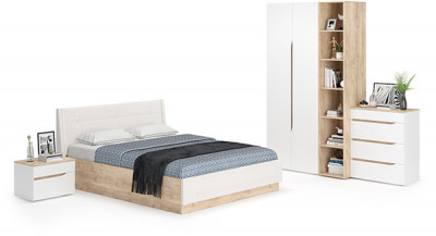 Муссон Спальня № 04, цвет белый/дуб эндгрейн элегантный/искусственная кожа белая, подъёмный ортопед, сп. м. 1600х2000 мм., б/м