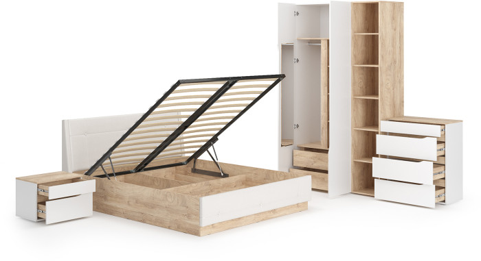 Муссон Спальня № 04, цвет белый/дуб эндгрейн элегантный/искусственная кожа белая, подъёмный ортопед, сп. м. 1600х2000 мм., б/м