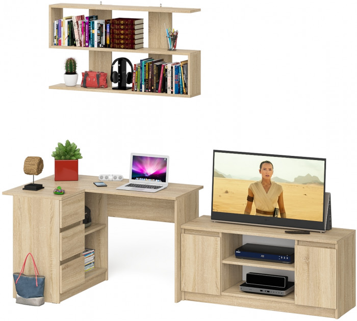 Мори компьютерный стол МС-16 левый + Тумба МТВ1200.1 + Полка 1200, дуб сонома