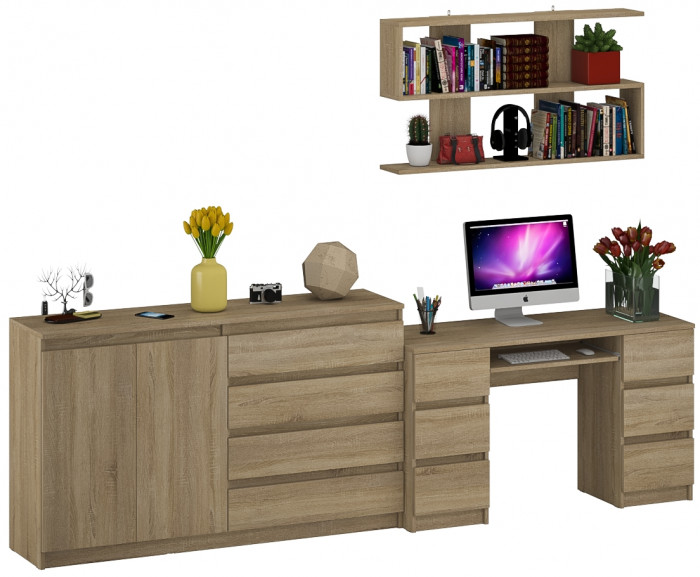 Мори компьютерный стол МС-2 + Комод МК1600.1 + Полка 1200, дуб сонома