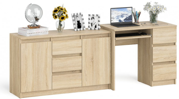 Мори компьютерный стол МС-6 правый + Комод МК1200.3, дуб сонома