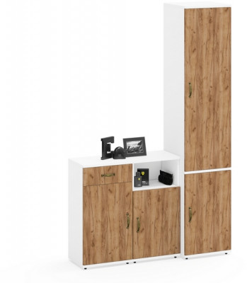 Лидер-8 Пенал МД 21Б + Тумба МД 3.15 + Тумба МД 3.19, цвет белый шагрень/крафт золото, ШхГхВ 120х37,5х190 см., универсальная сборка