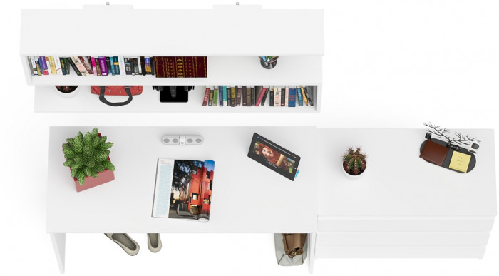 Мори Стол письменный МСП1200.1 + Комод МК800.1 + Полка 1200, цвет белый, ШхГхВ 200,8х50х209,6 см., универсальная сборка