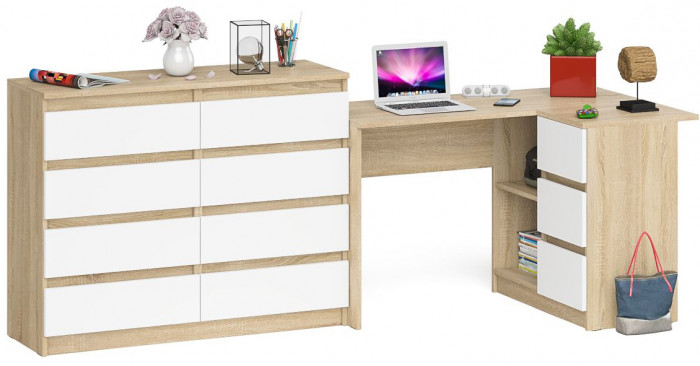 Мори компьютерный стол МС-16 правый + Комод МК1200.8, дуб сонома/белый