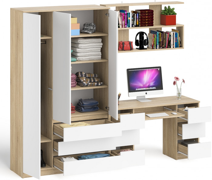 Мори компьютерный стол МС-2 + Шкаф МШ1200.1 + Полка 1200, дуб сонома/белый