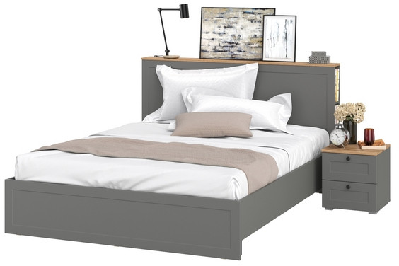 Остин 11.53 Кровать + ортопед + 16.152 Тумба прикроватная, серый графит/дуб крафт золотой