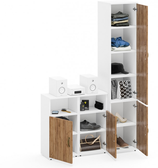 Лидер-8 Пенал МД 22Б + Тумба МД 3.19 + Тумба МД 3.19, цвет белый шагрень/крафт золото, ШхГхВ 120х37,5х190 см., универсальная сборка