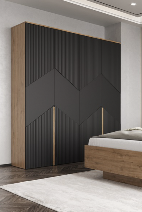 Шкаф 4-х дверный для одежды "Оливия" - Дуб наварра/Шагрень черная