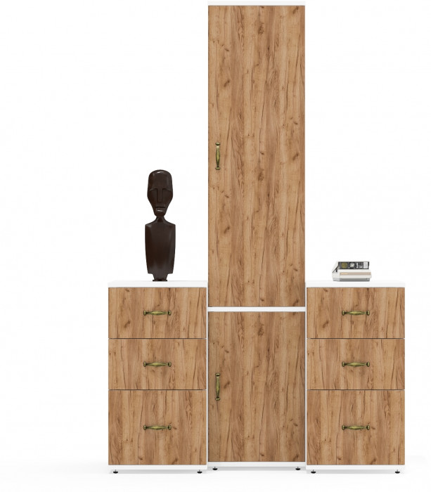 Лидер-8 Пенал МД 21Б + Тумба МД 3.16 + Тумба МД 3.16, цвет белый шагрень/крафт золото, ШхГхВ 120х50х190 см., универсальная сборка