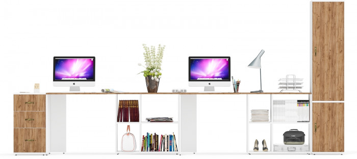 Лидер-8 Стол + Стол + Пенал МД 21Б + Тумба МД 3.16, цвет белый шагрень/крафт золото, ШхГхВ 410х50/37,5х75/190 или 270х120/50х75/190 см., НЕ ун. сб.