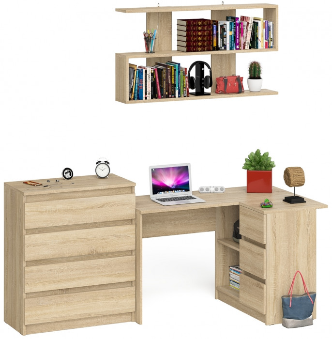 Мори компьютерный стол МС-16 правый + Комод МК800.4 + Полка 1200, дуб сонома