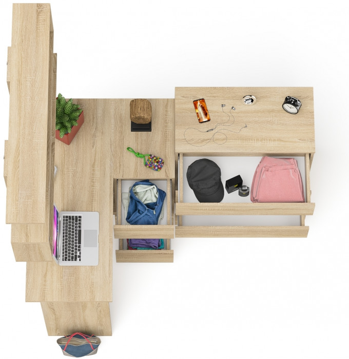 Мори компьютерный стол МС-16 правый + Комод МК800.4 + Полка 1200, дуб сонома