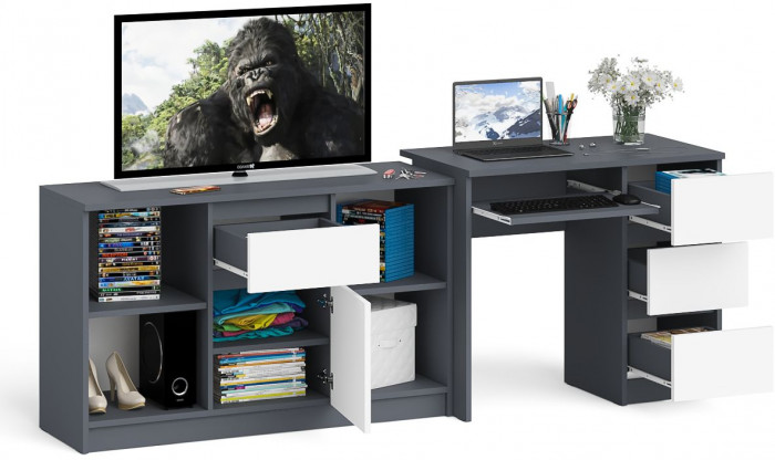 Мори Стол компьютерный МС-6 правый + Тумба МТВ1204.1, цвет графит/белый, ШхГхВ 210,4х50х76,6 см., выдвижные ящики справа, НЕ универсальная сборка