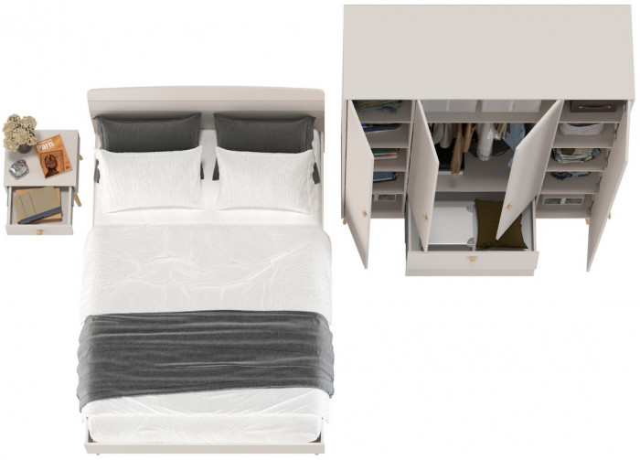 Афина Спальня Кровать 1400 + Шкаф 4-х дверный + Тумба, цвет кашемир серый, 144,6х210,2х95,7 + 160х56,3х220 + 45х37х45 см., 1400х2000, б/м, осн. есть