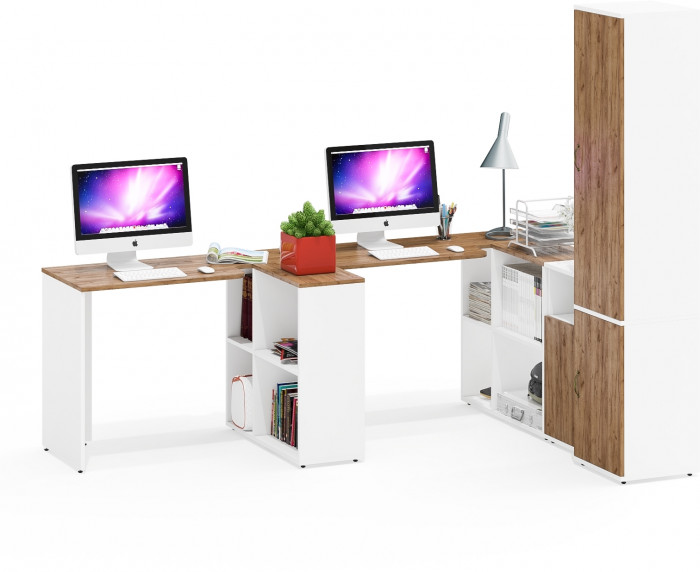 Лидер-8 Стол + Стол + Пенал МД 21Б + Тумба МД 3.19, цвет белый шагрень/крафт золото, ШхГхВ 410х50/37,5х75/190 или 230х160/50х75/190 см., НЕ ун. сб.