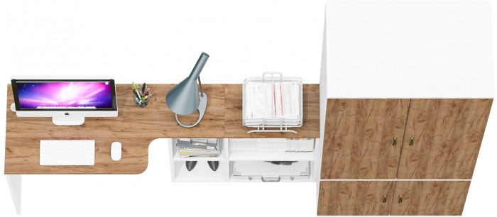 Лидер-8 Стол + Шкаф МД 19Б, цвет белый шагрень/крафт золото, ШхГхВ 245х50х75/190 или 115х160/50х75/190 см., НЕ универсальная сборка