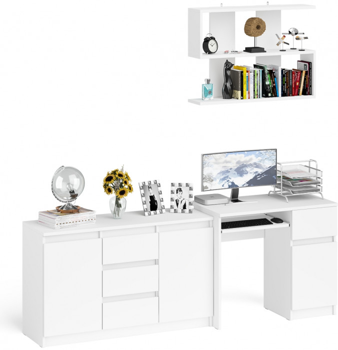 Мори Стол компьютерный МС-1 правый + Комод МК1200.3 + Полка 900, цвет белый, ШхГхВ 210,4х50х209,6 см., НЕ универсальная сборка