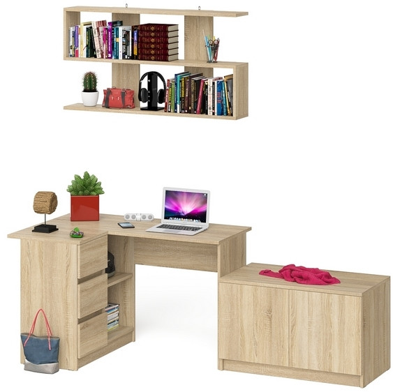 Мори Стол компьютерный МС-16 левый + Тумба МА900.1 + Полка 1200, цвет дуб сонома, ШхГхВ 214,8х84,9х209,6 см., НЕ универсальная сборка
