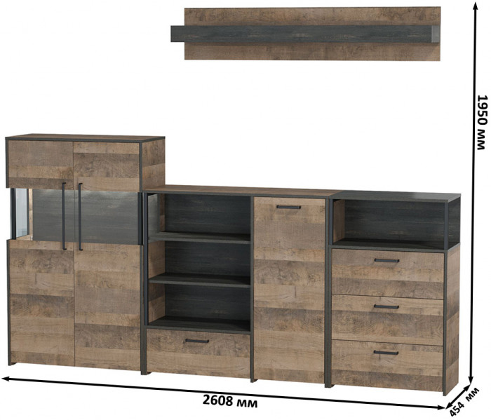 Трувор Гостиная 010, цвет дуб гранж песочный/интра, ШхГхВ 260,8х37х195 см., универсальная сборка