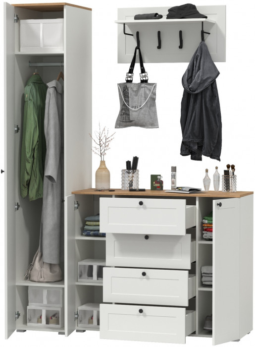 Остин Прихожая 21, цвет белый шагрень/дуб крафт золотой, ШхГхВ 160х54,3х229,6 см., универсальная сборка