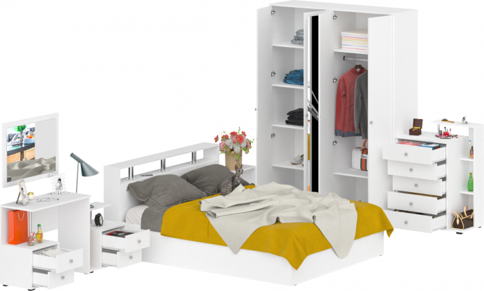 Камелия спальня № 3 Кровать 1600 + Две тумбы + Стол косметич. + Зеркало + Комод + Шкаф 4-х, цвет белый, сп.м. 1600х2000 мм., б/м, осн. есть