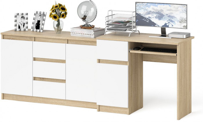 Мори компьютерный стол МС-1 левый + Комод МК1200.3, дуб сонома/белый