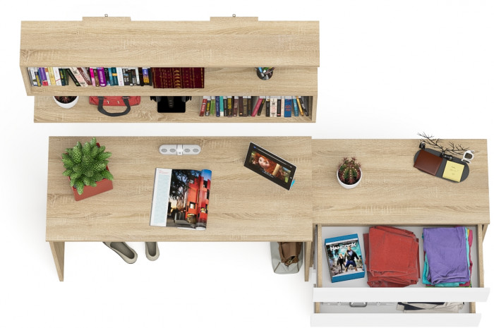 Мори Стол письменный МСП1200.1 + Комод МК800.1 + Полка 1200, цвет дуб сонома/белый, ШхГхВ 200,8х50х209,6 см., универсальная сборка