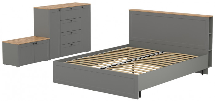 Остин 11.53 Кровать + ортопед + 16.221 Комод + 13.257 Тумба, серый графит/дуб крафт золотой
