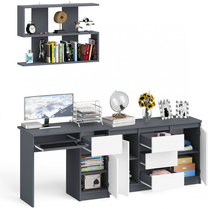 Мори Стол компьютерный МС-1 правый + Комод МК1200.3 + Полка 900, цвет графит/белый, ШхГхВ 210,4х50х209,6 см., НЕ универсальная сборка