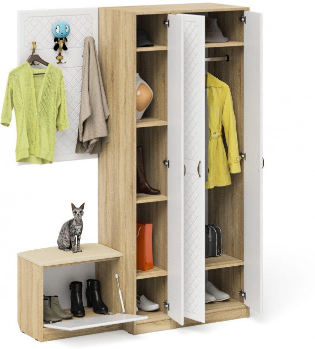 Прихожая П-6 Компоновка № 47, цвет дуб сонома/фасады МДФ белое дерево фрезеровка ромб, ШхГхВ 150х50х210 см., универсальная сборка