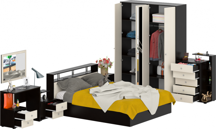 Камелия спальня № 3 Кровать 1600 + Две тумбы + Стол косметич. + Зеркало + Комод + Шкаф 4-х, цвет венге/дуб лоредо, сп.м. 1600х2000 мм., б/м, осн. есть