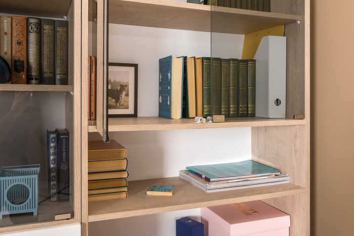 КР100 Бостон № 42, цвет дуб эндгрейн элегантный/фасады МДФ милк рикамо софт, 13.155+12.69+09.132+13.156, ШхГхВ 230,6х57,2х194,4 см., ун. сборка