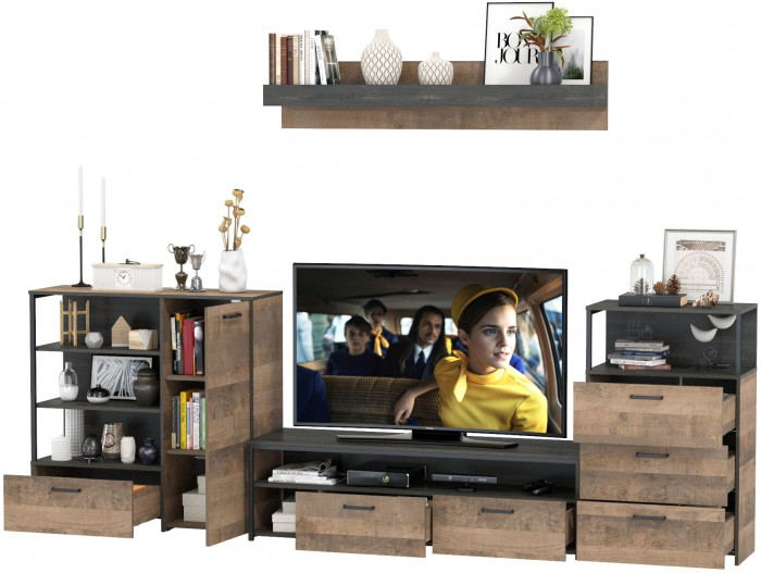 Трувор Гостиная 012, цвет дуб гранж песочный/интра, ШхГхВ 324,8х45,4х195 см., универсальная сборка