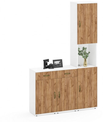 Лидер-8 Пенал + Тумба МД 3.15 + Тумба МД 3.15, цвет белый шагрень/крафт золото, ШхГхВ 120х30х190 см., универсальная сборка