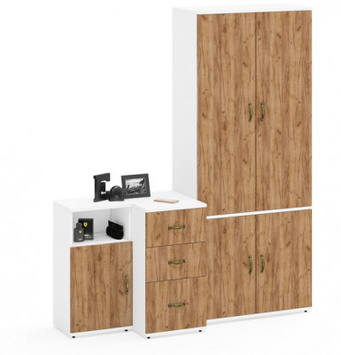 Лидер-8 Шкаф МД 20Б + Тумба МД 3.16 + Тумба МД 3.19, белый шагрень/крафт золото