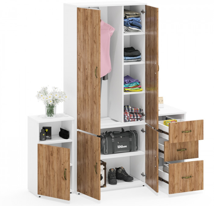 Лидер-8 Шкаф МД 20Б + Тумба МД 3.16 + Тумба МД 3.19, белый шагрень/крафт золото