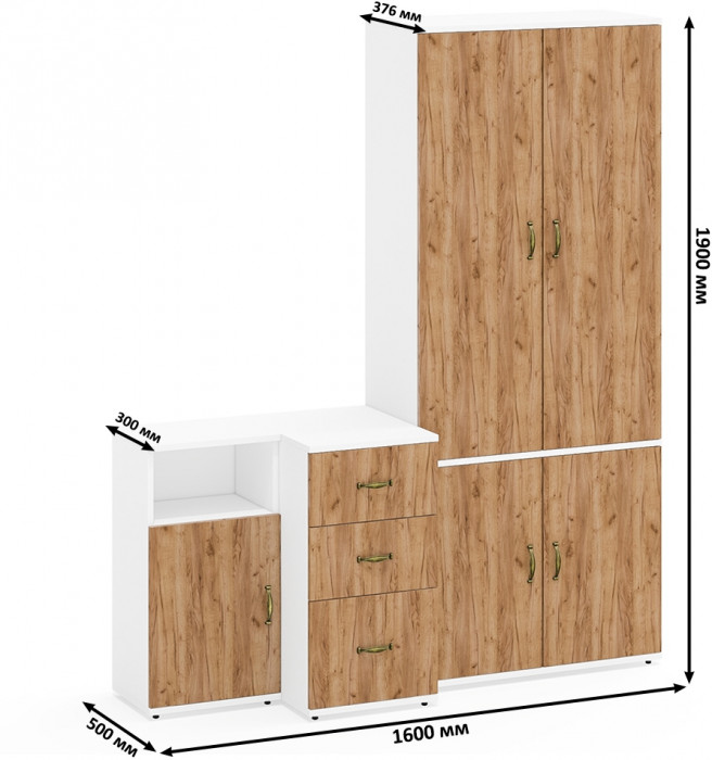 Лидер-8 Шкаф МД 20Б + Тумба МД 3.16 + Тумба МД 3.19, белый шагрень/крафт золото