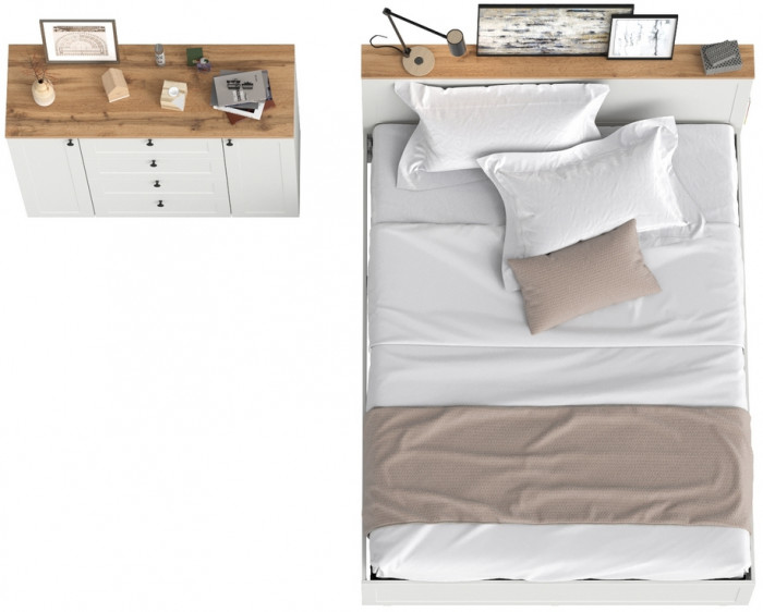 Остин 11.53 Кровать + ортопед + 16.221 Комод, белый шагрень/дуб крафт золотой
