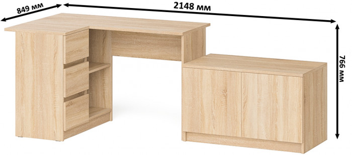 Мори Стол компьютерный МС-16 левый + Тумба МА900.1, цвет дуб сонома, ШхГхВ 214,8х84,9х76,6 см., выдвижные ящики слева, НЕ универсальная сборка