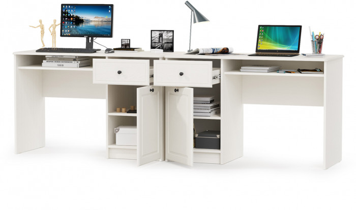 Роуз 12.148 письменный стол +12.148письменный стол, ЛДСП белый(тиснение Поры дерева)/МДФясень ваниль