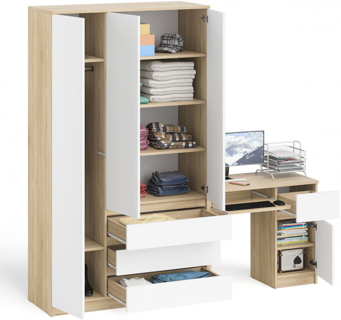 Мори компьютерный стол МС-1 правый + Шкаф МШ1200.1, дуб сонома/белый