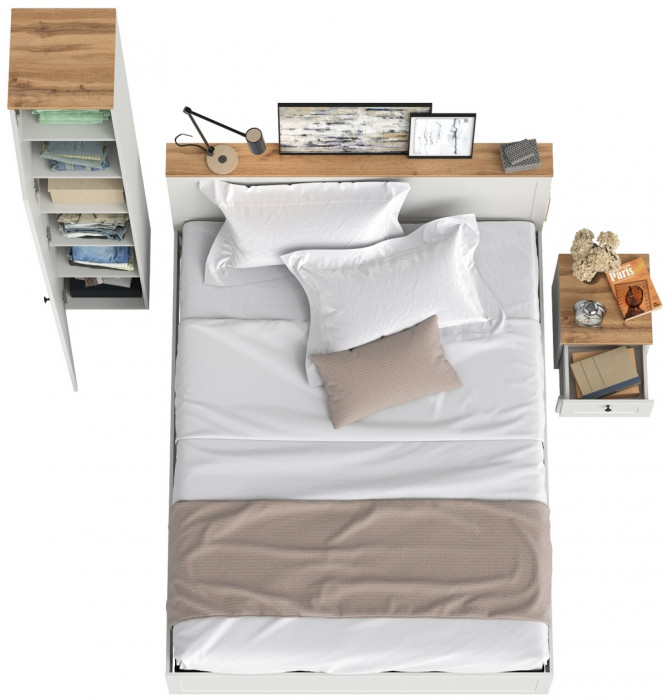 Остин 11.53 Кровать + ортопед + 13.227 Шкаф-пенал + 16.152 Тумба прикроватная, белый шагрень/дуб крафт золотой