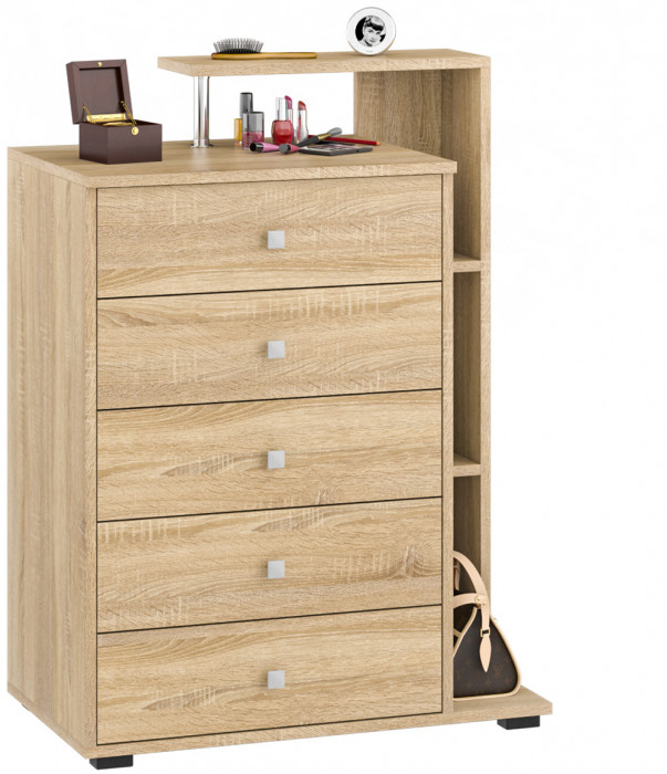 Камелия спальня № 14 Кровать с ящиками 900 + Стол косметический + Зеркало + Комод, дуб сонома