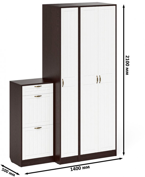 Прихожая П-6 Компоновка № 48, цвет венге/фасады МДФ белое дерево фрезеровка прованс, ШхГхВ 140х50х210 см., универсальная сборка