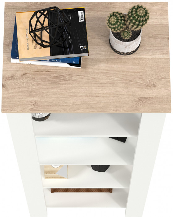 Джастин 13.354 Стеллаж открытый, цвет белый шагрень/дуб белый эксклюзив, ШхГхВ 54,8х38,9х153 см., регулируемые опоры