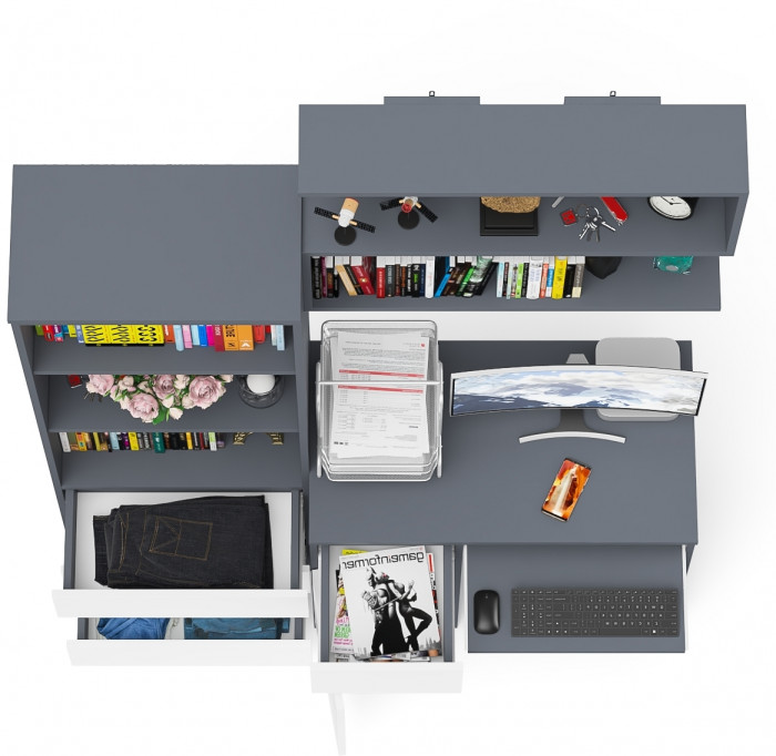 Мори Стол компьютерный МС-1 левый + Стеллаж МСТ600.3 + Полка 900, цвет графит/белый, ШхГхВ 150,4х50х209,6 см., НЕ универсальная сборка